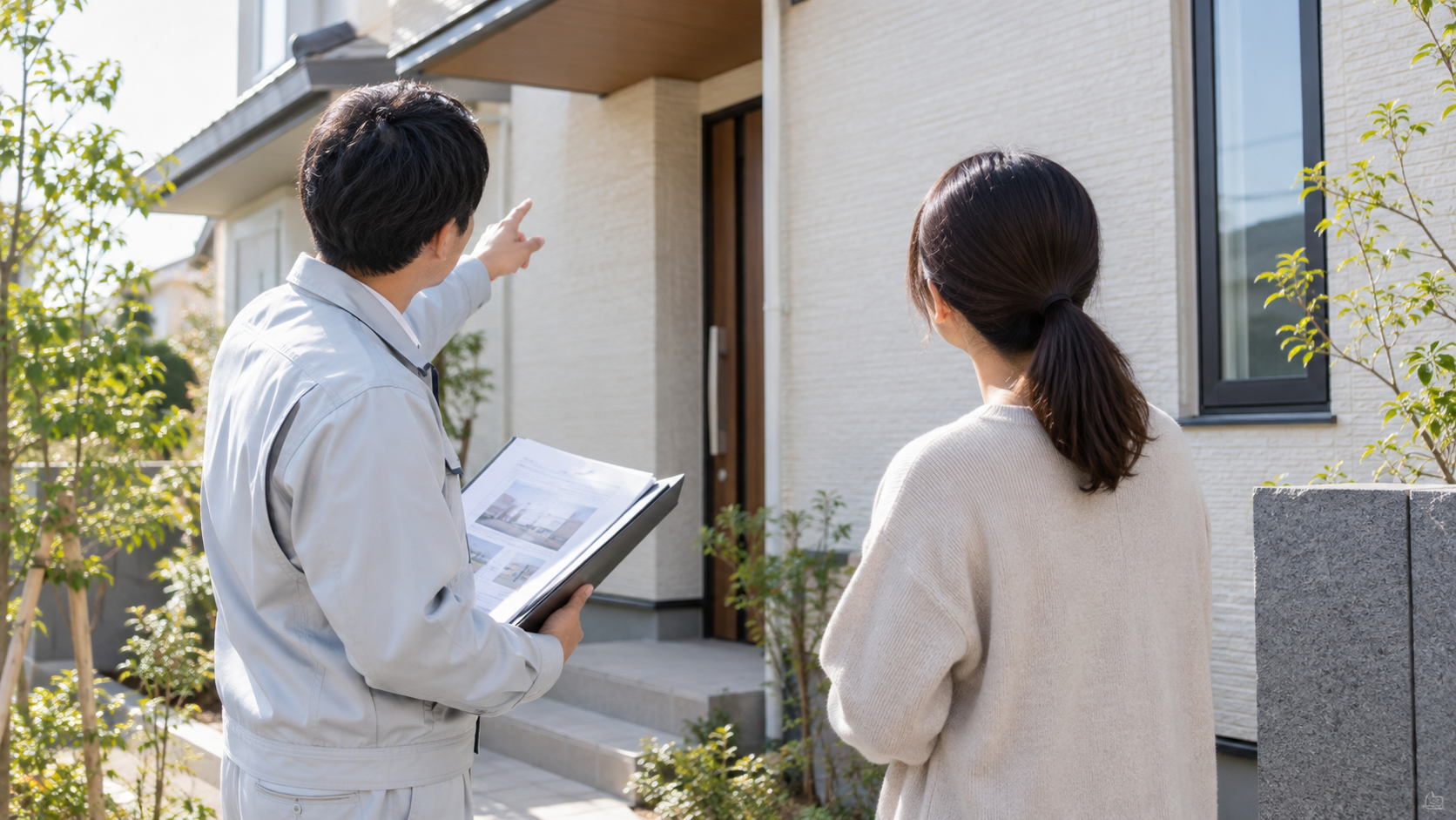 外壁塗装の工事前に担当者とお客様が生活への影響を確認するイメージ